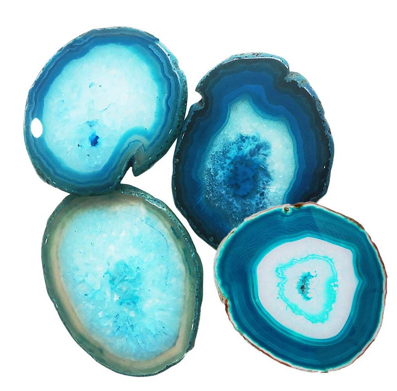 AMOYSTONE Agate Geode Coasters for Drinks Crystal Stone Table Coasters Large Set of 4 Unique Gifts Dyed Teal 3.5-4" - Image 1